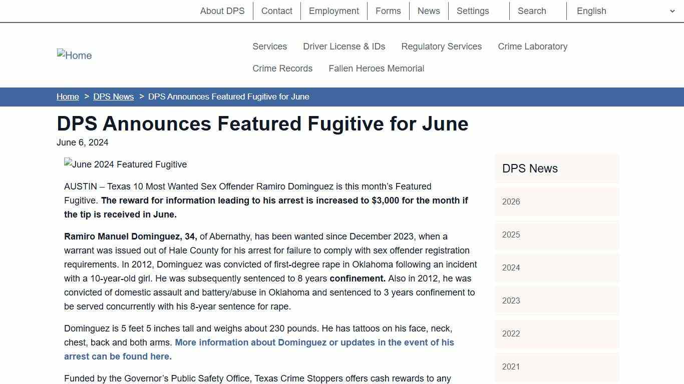 DPS Announces Featured Fugitive for June Department of Public Safety